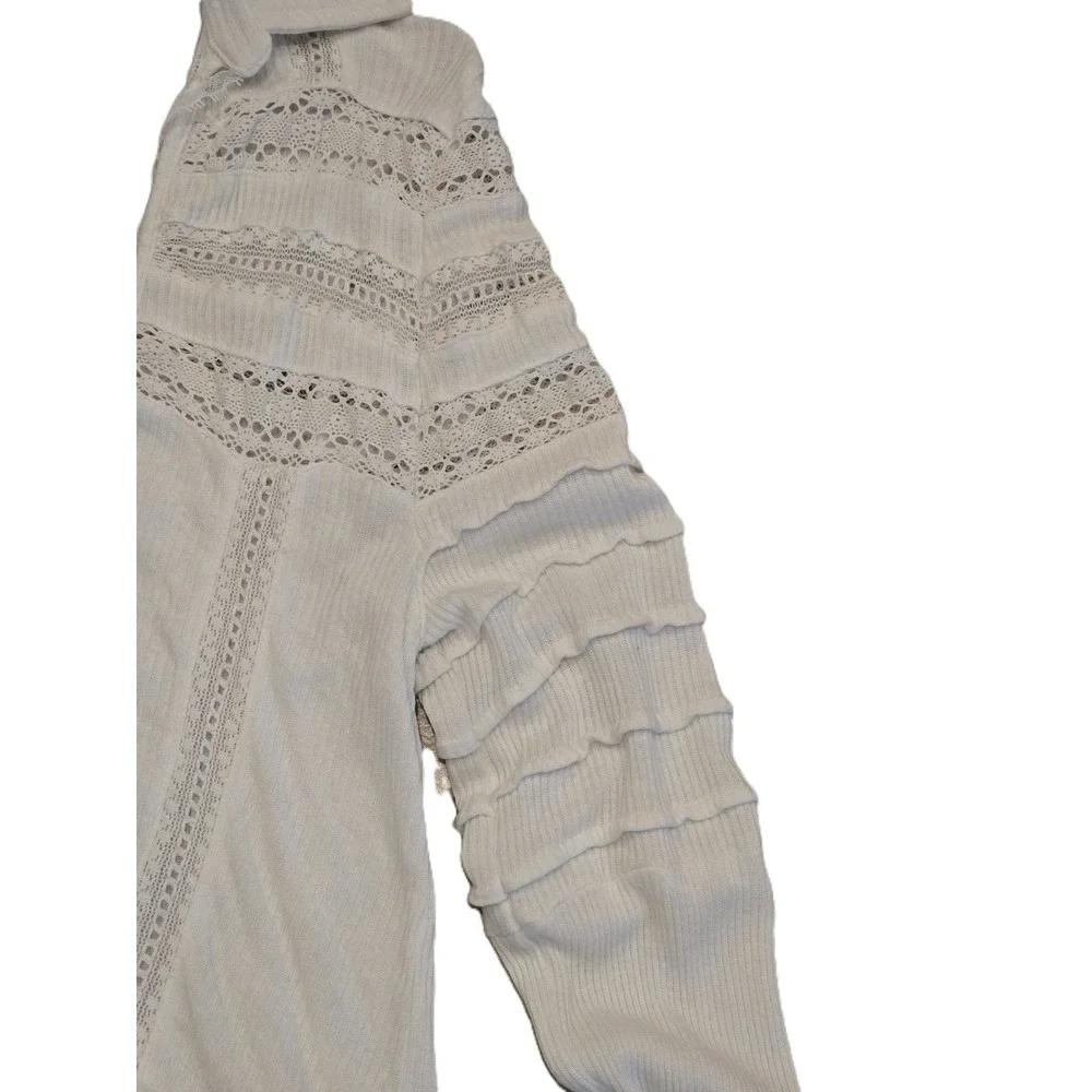 Free People White Lace Detail Collared Knit Cropped Cardigan Shirt M